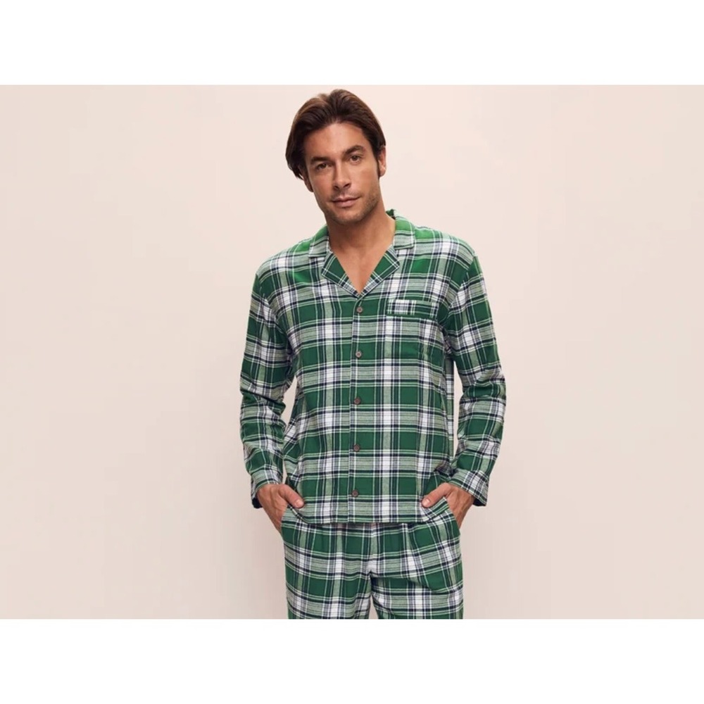 Eberjey Mens Green Plaid Flannel Pajama Top Button Down Cotton Shirt Size Medium